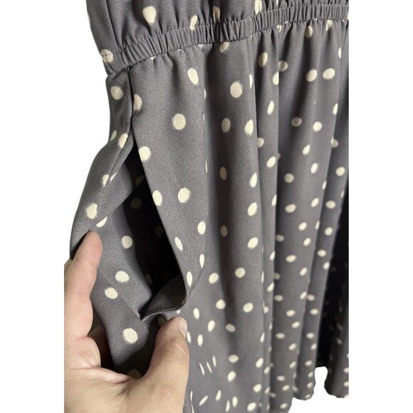 Lauren Conrad Gray Polka Dot Ruffled Neck Dress W/ Pockets Medium ($40) - Picture 3 of 4